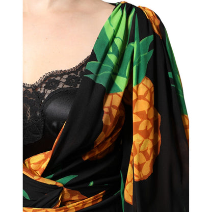 Dolce & Gabbana Black Silk Pineapple Draped Print Wrap Dress Dolce & Gabbana