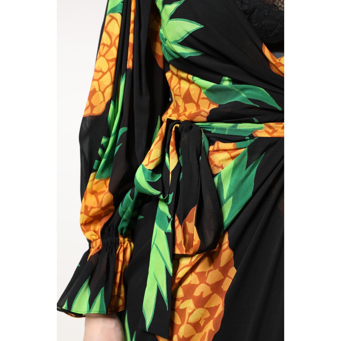 Dolce & Gabbana Black Silk Pineapple Draped Print Wrap Dress Dolce & Gabbana