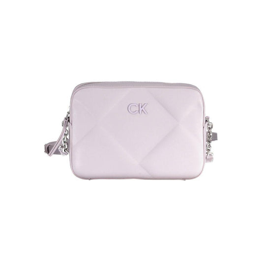 Calvin Klein purple polyester handbag with adjustable shoulder strap and logo, featuring 2 internal pockets and 50% recycled materials.