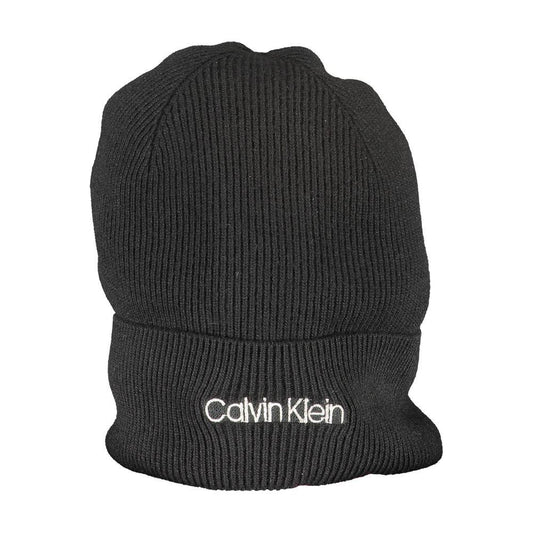 Calvin Klein black wool hat with embroidered logo, eco-friendly design using 55% recycled materials, stylish winter cap.