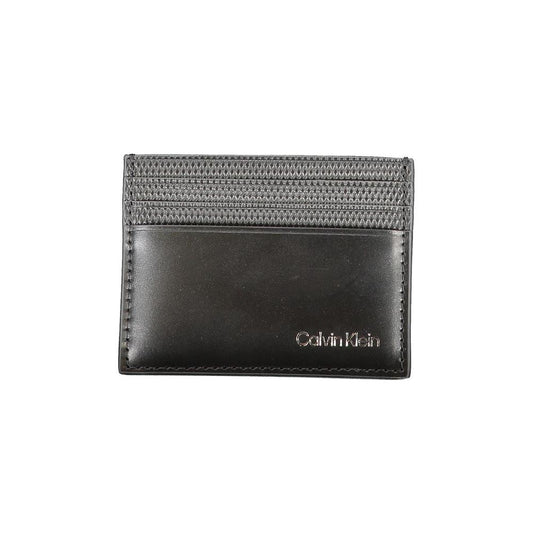 Calvin Klein black leather wallet with card holder, central pocket, contrast details, and logo print for style and utility.