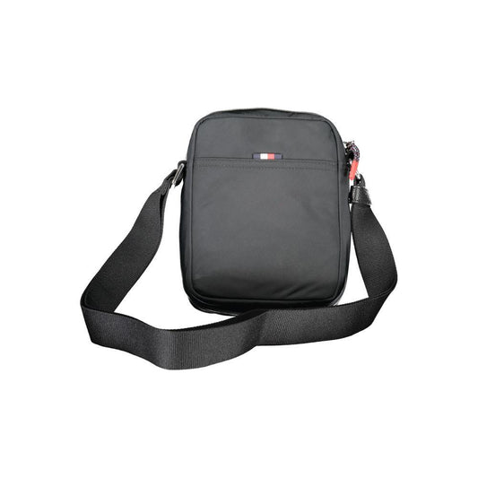 Tommy Hilfiger black shoulder bag with adjustable strap and logo, featuring external and internal pockets made from 50% recycled polyester.