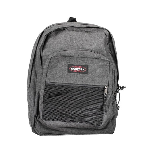 Eastpak gray polyamide backpack with two compartments, external zip pocket, padded back, and adjustable straps.