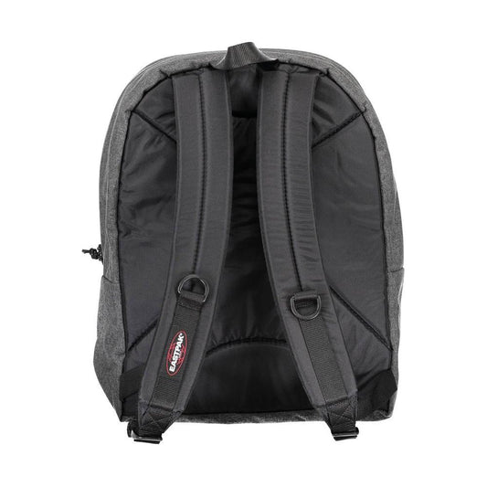 Eastpak gray polyamide backpack with adjustable straps, padded back, and logo detail, showcasing rear view and durable design.