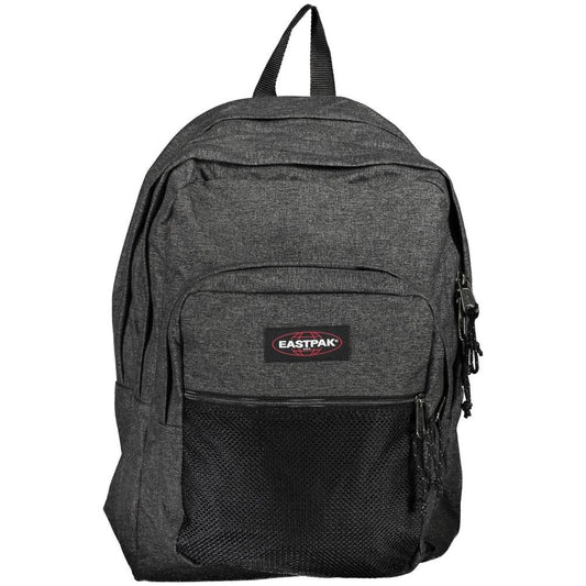Eastpak gray backpack with 3 compartments, adjustable straps, external pocket, 38L, recycled materials, and logo. Perfect for travel.