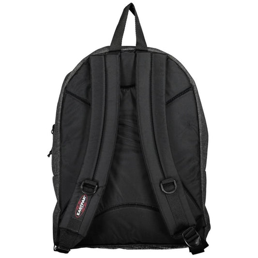 Back view of Eastpak gray polyester backpack showing padded straps and handle, ideal for travel with multiple compartments and recycled materials.