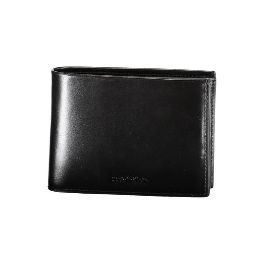 Calvin Klein black leather men's wallet with embossed logo, featuring dual compartments and RFID protection for modern style and security.