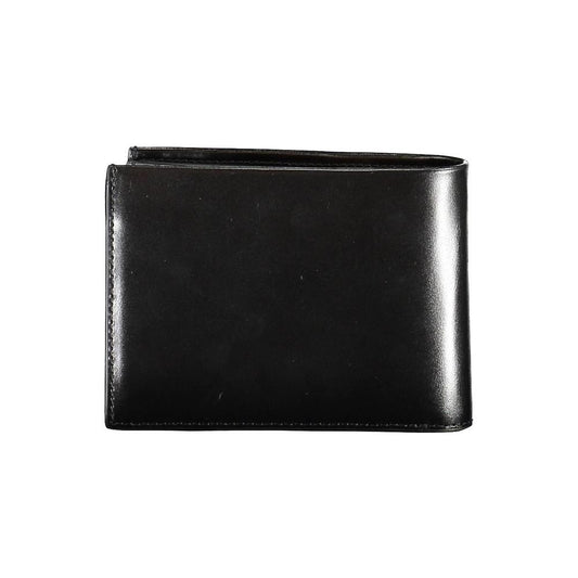 Calvin Klein black leather men's wallet with RFID protection, dual compartments, and embossed logo, showcasing timeless elegance and security.