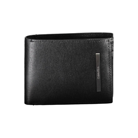 Calvin Klein sleek black bi-fold wallet with RFID security and logo, featuring compartments for cash, cards, and a coin purse.