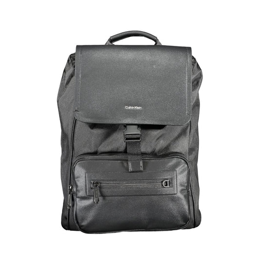 Calvin Klein black polyester backpack with handle, adjustable straps, external pockets, laptop holder, drawstring, and zip closure.