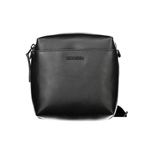 Calvin Klein black polyethylene men's shoulder bag with adjustable strap and external pocket for modern style and durability.