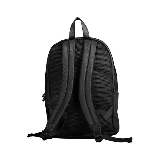 Back view of Calvin Klein black polyester men's backpack with adjustable straps and sleek urban design.