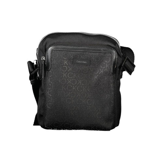 Calvin Klein black polyester shoulder bag for men with adjustable strap, sleek design, and minimalist style.