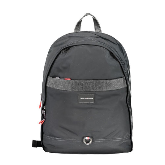 Tommy Hilfiger black polyester backpack with adjustable straps, external pocket, and laptop compartment, featuring logo and contrast details.