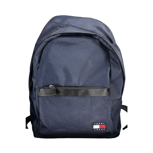 Tommy Hilfiger blue polyester backpack with logo, front pocket, adjustable straps, and contrasting zipper details.