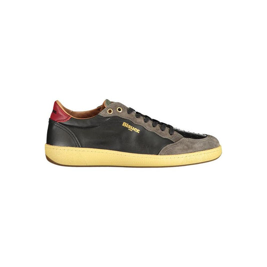 Blauer black leather men's sneaker with contrasting details and bold logo accent, showcasing stylish design and removable insole for comfort.