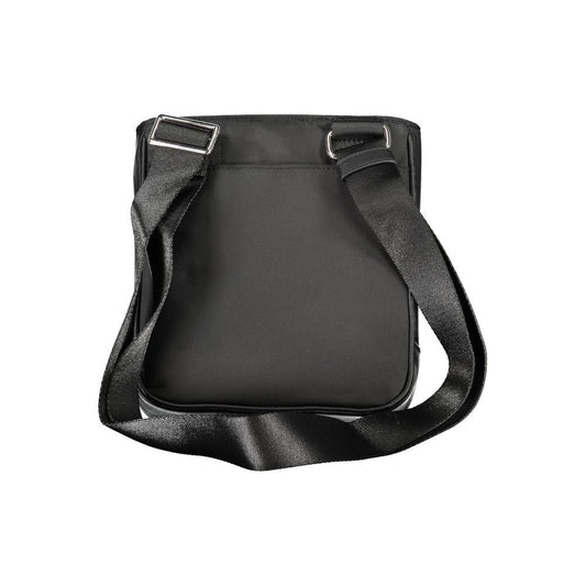 Tommy Hilfiger black polyester shoulder bag with adjustable strap, featuring external and internal pockets, and zip closure.