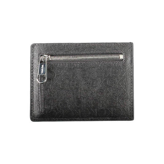 Calvin Klein black polyester men's wallet with RFID protection, central pocket, contrasting details, and iconic logo design.