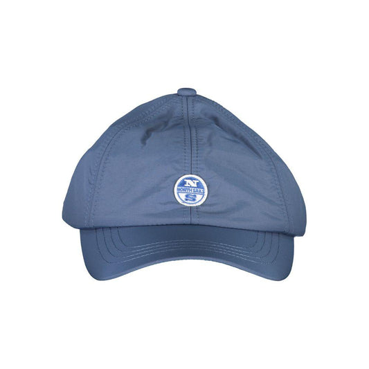 Blue North Sails nylon cap with visor, logo, and application, made from recycled fibers.
