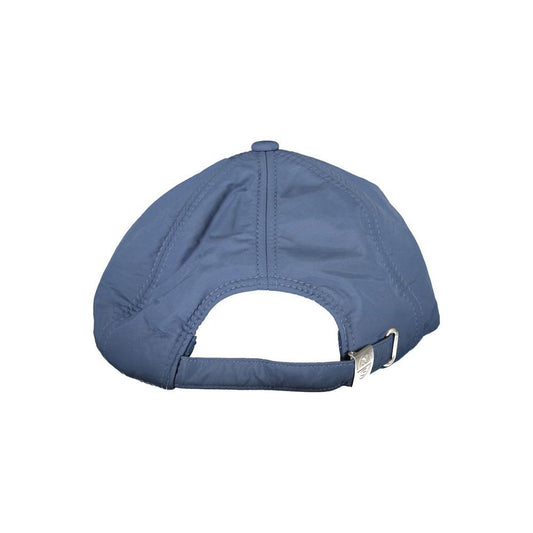 Back view of North Sails blue nylon hat with visor, featuring logo, made from recycled fibers.