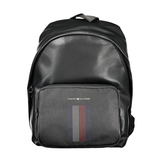 Tommy Hilfiger black polyester backpack with adjustable straps, external pocket, logo detailing, and laptop compartment.