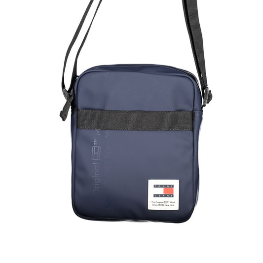 Tommy Hilfiger blue polyethylene shoulder bag with adjustable strap, internal pocket, zip closure, and logo print.