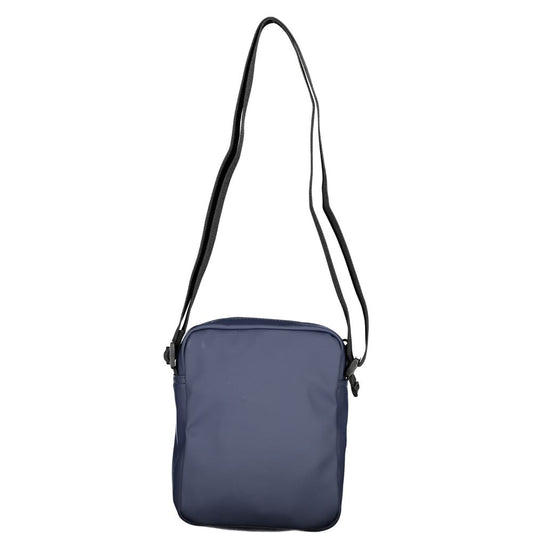 Tommy Hilfiger blue polyethylene shoulder bag with adjustable strap, internal pocket, contrast details, and zip closure.