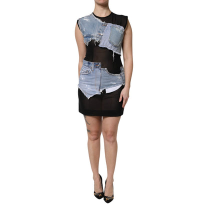 Dolce & Gabbana Black Blue Sleeveless Denim Mini Dress Dolce & Gabbana
