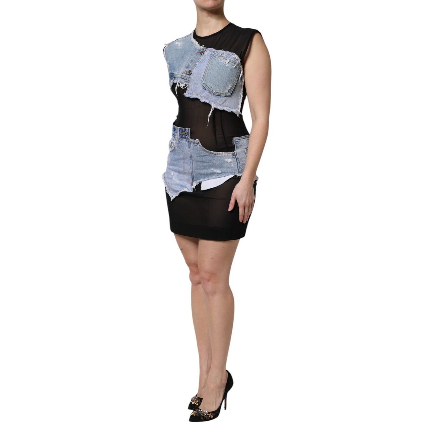Dolce & Gabbana Black Blue Sleeveless Denim Mini Dress Dolce & Gabbana