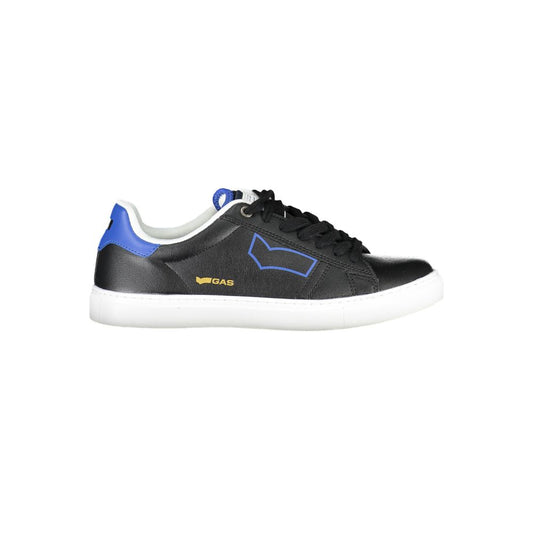 Gas Black Polyester Sneaker with contrast details, sports footwear featuring logo and laces, side view.