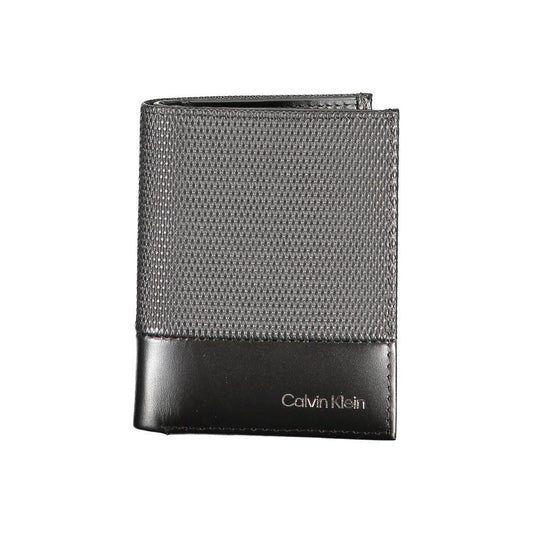Calvin Klein black leather wallet with RFID blocking, coin purse, card spaces, contrast details, and logo.