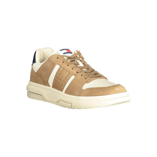 Tommy Hilfiger beige leather men's sneaker with brown and blue accents, featuring a removable insole for enhanced comfort and style.