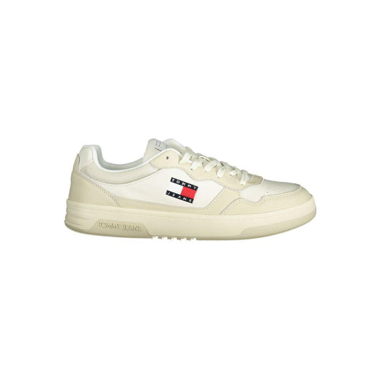 Tommy Hilfiger beige polyethylene men's sneaker with lace-up design and iconic logo, featuring a removable footbed and cream accents.