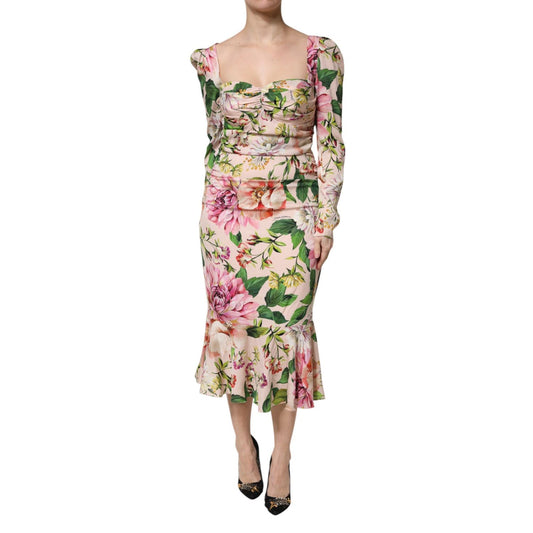 Dolce & Gabbana Pink Floral Silk Fit And Flared Midi Dress Dolce & Gabbana