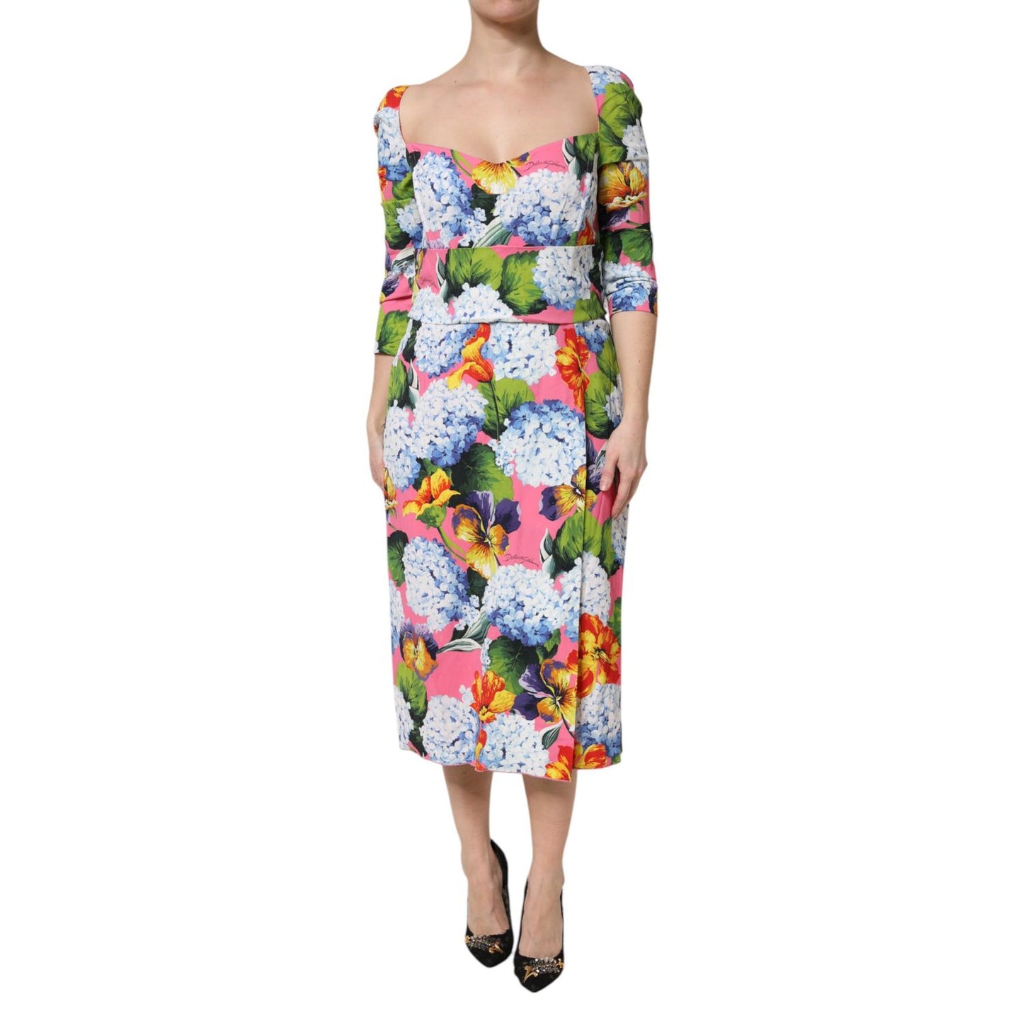 Dolce & Gabbana Multicolor Floral Pleated Sheath Midi Dress Dolce & Gabbana