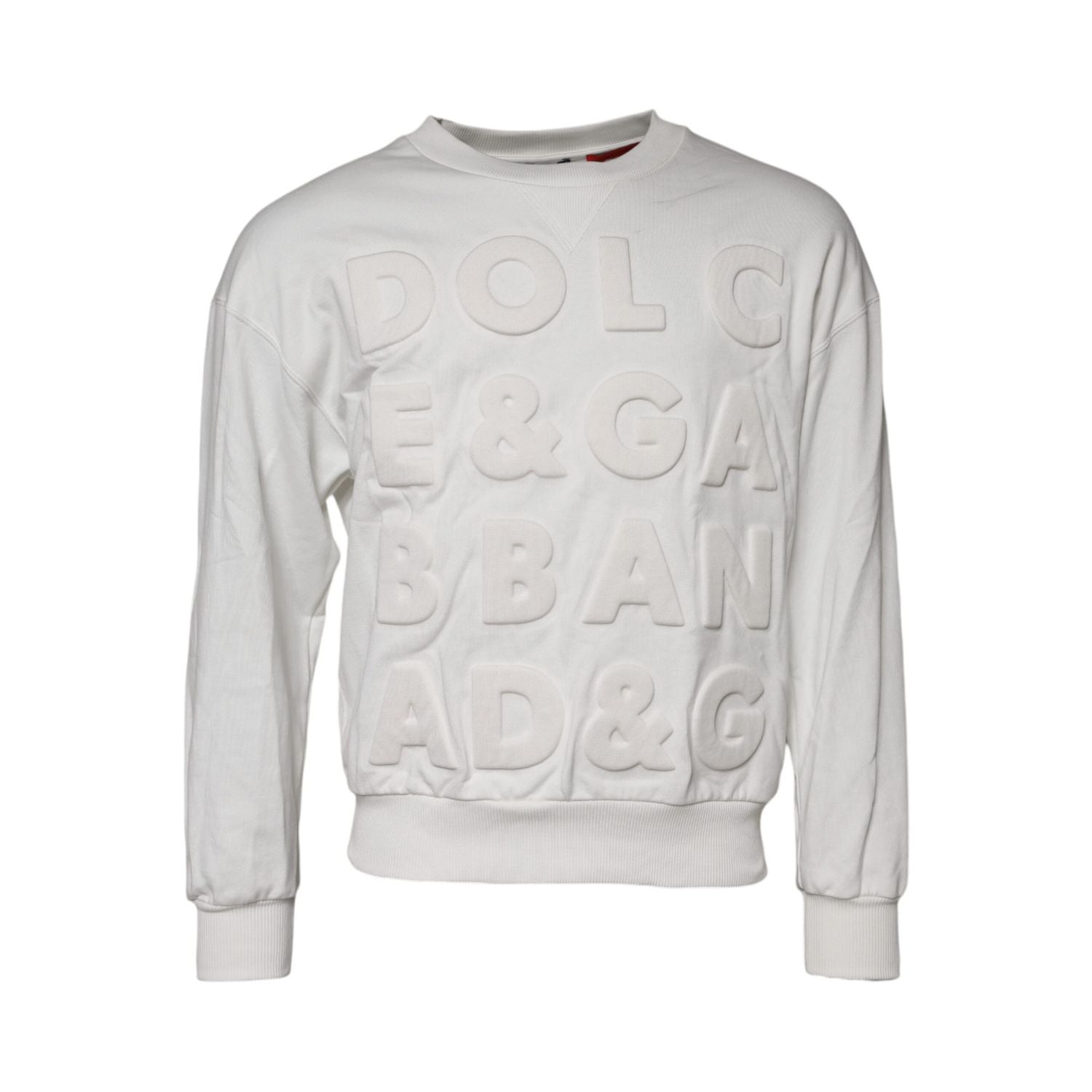 Dolce & Gabbana White Embossed Logo Cotton Crew Neck Sweater