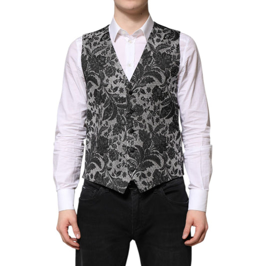 Dolce & Gabbana Black Gray Brocade Formal Men Waistcoat Vest