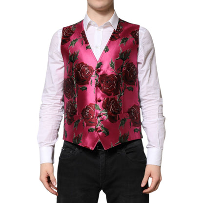 Dolce & Gabbana Pink Floral Satin Formal Men Waistcoat Vest Dolce & Gabbana