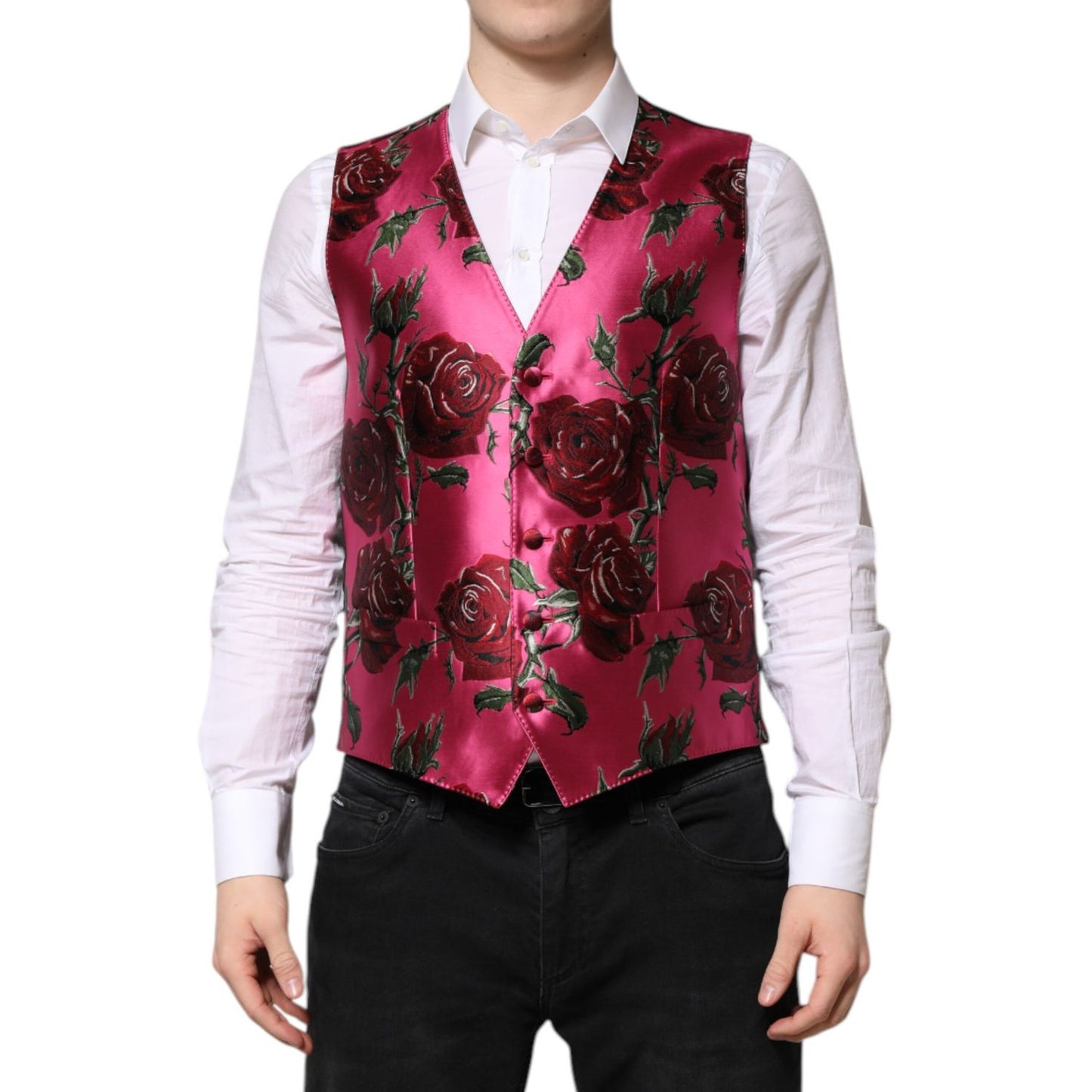 Dolce & Gabbana Pink Floral Satin Formal Men Waistcoat Vest Dolce & Gabbana