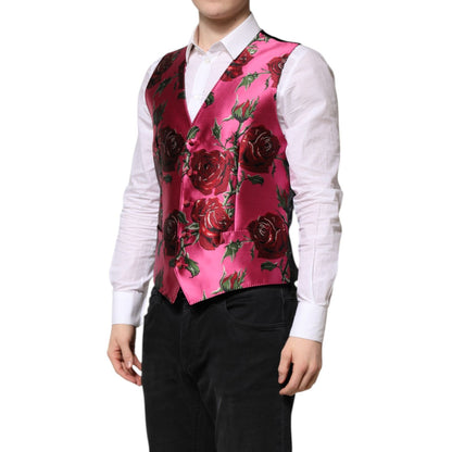 Dolce & Gabbana Pink Floral Satin Formal Men Waistcoat Vest Dolce & Gabbana