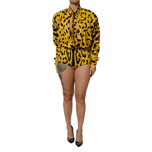 Dolce & Gabbana Yellow Leopard Long Sleeves Jumpsuit Dress Dolce & Gabbana