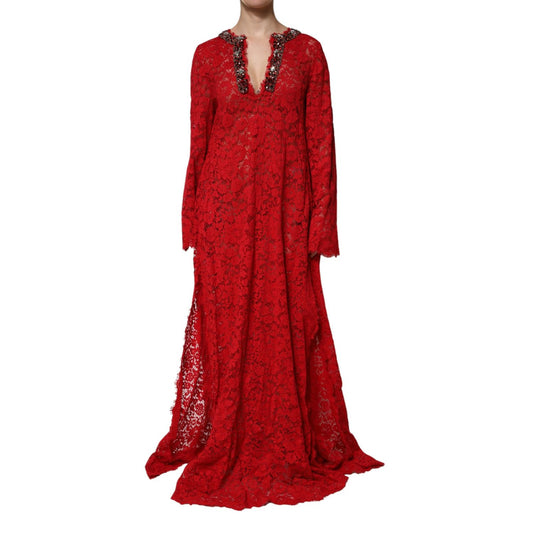 Dolce & Gabbana Red Floral Lace Rhinestone Embellished Dress Dolce & Gabbana