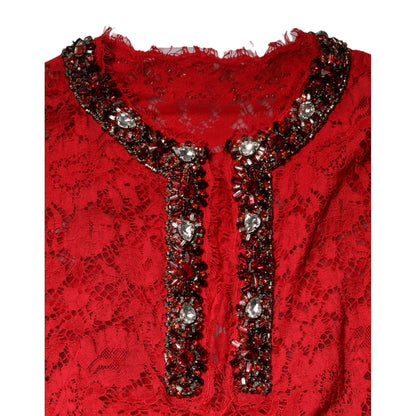 Dolce & Gabbana Red Floral Lace Rhinestone Embellished Dress