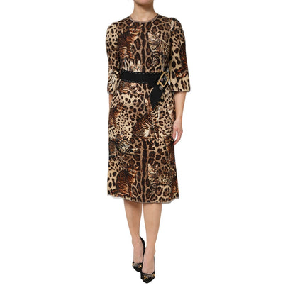 Dolce & Gabbana Brown Leopard Print Belted A-line Midi Dress Dolce & Gabbana