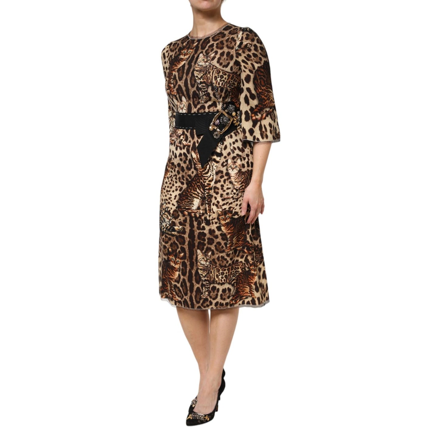 Dolce & Gabbana Brown Leopard Print Belted A-line Midi Dress Dolce & Gabbana