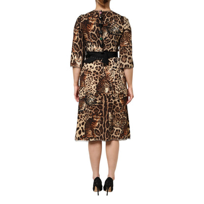 Dolce & Gabbana Brown Leopard Print Belted A-line Midi Dress Dolce & Gabbana