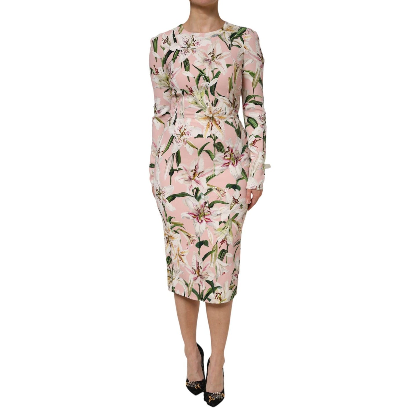 Dolce & Gabbana Pink Lily Viscose Sheath Stretch Midi Dress Dolce & Gabbana