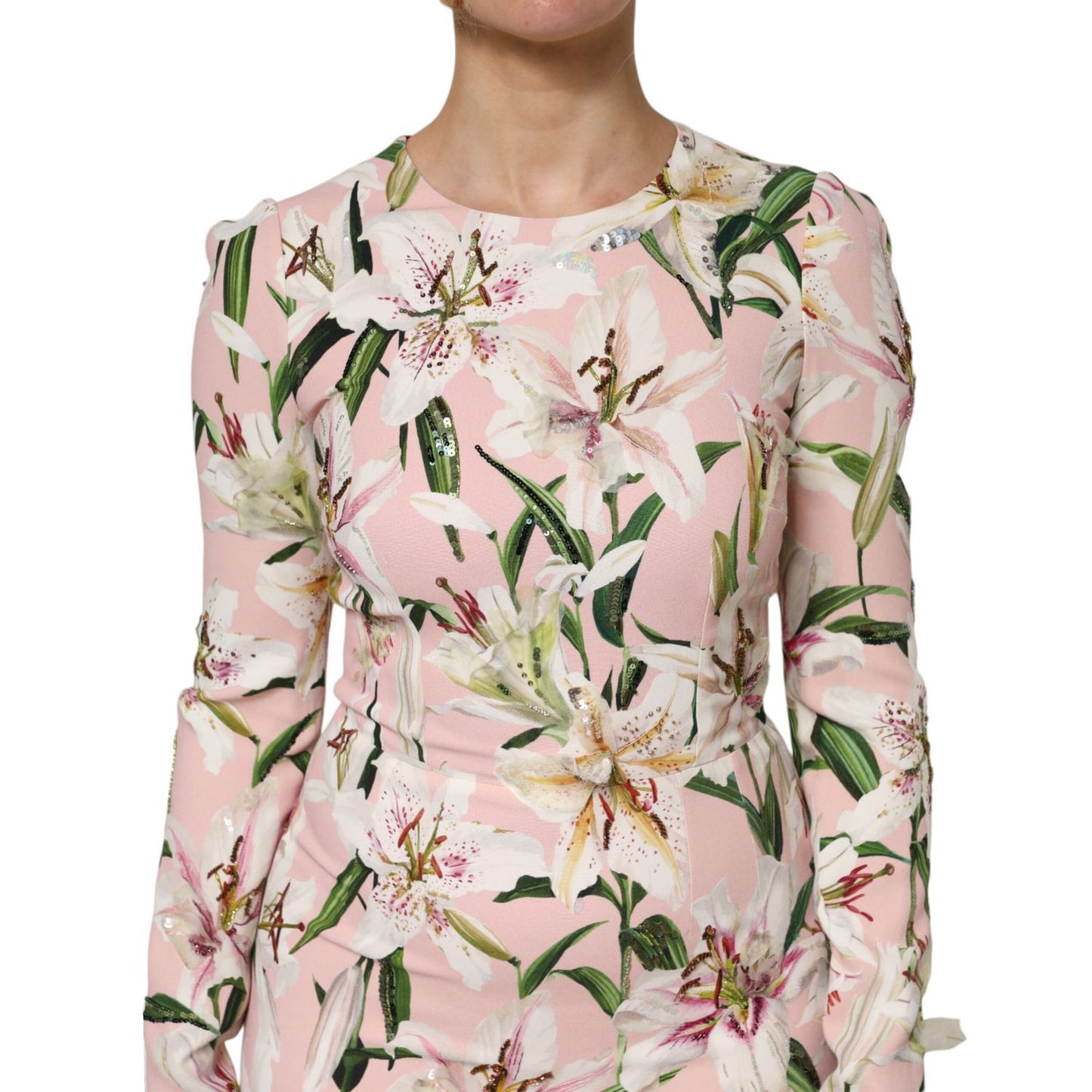 Dolce & Gabbana Pink Lily Viscose Sheath Stretch Midi Dress Dolce & Gabbana