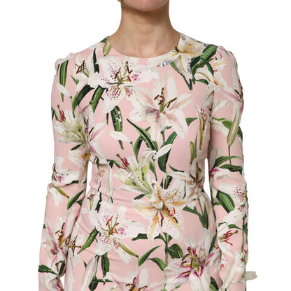 Dolce & Gabbana Pink Lily Viscose Sheath Stretch Midi Dress Dolce & Gabbana