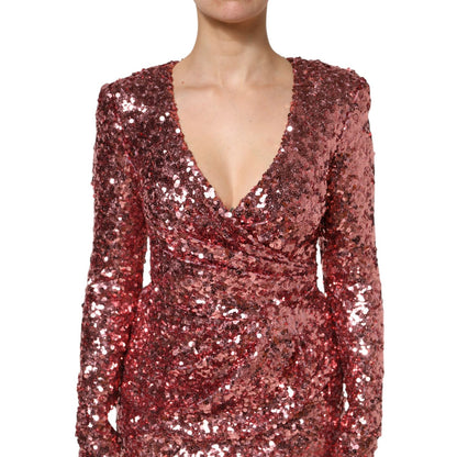 Dolce & Gabbana Pink Sequin Statement Nylon Midi V-Neck Dress Dolce & Gabbana